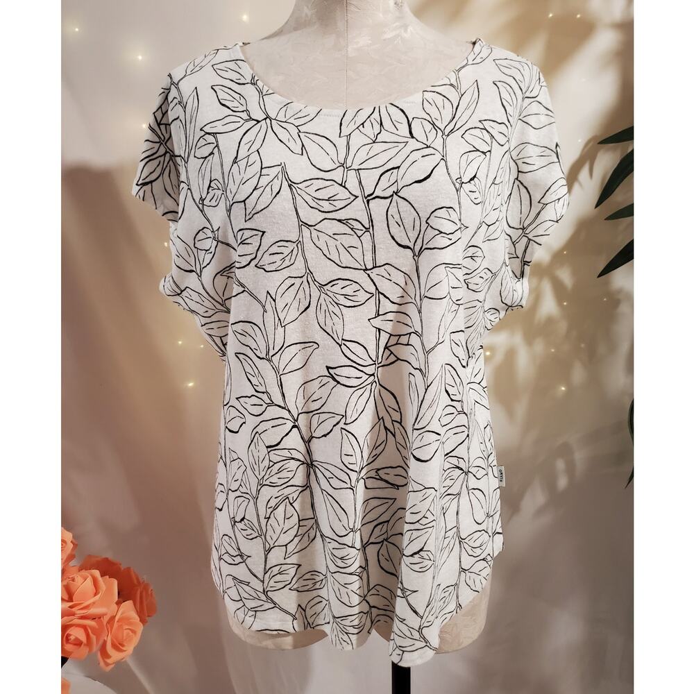 Orvis Womens Leaf Botanical Print Linen Scoop Neck Cap Sleeve Top Size M White